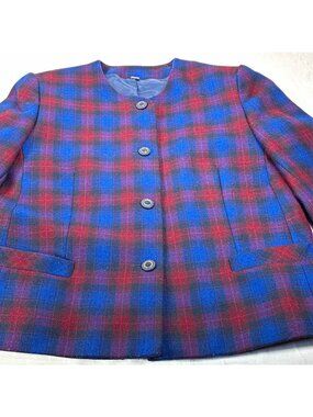 VTG Honor Millburn Pure Wool Plaid Blazer Collarless Tartan Jacket Women's 14